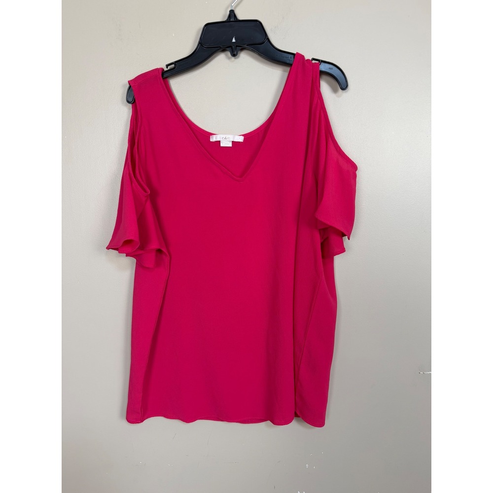 C&E Womens Pink Cold Shoulder Flutter Sleeve V-Neck Blouse Top Large‎ Magenta